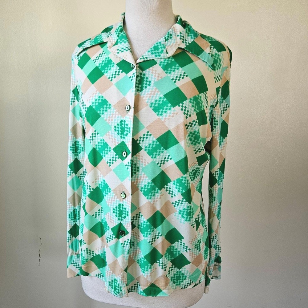 Alex Colman Vintage 70s Green Plaid‎ Check Polyester Knit Dagger Disco Shirt L